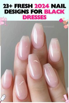 Soft pink acrylic coffin nails with a glossy finish, ideal for a clean and polished look. These nails for black dresses work well for both formal and casual settings, offering a timeless and elegant style. Nails For Formal Event Manicures Black Tie, Formal Short Nails Classy, Business Nails Professional Short, Nails With Black Dress Classy, Elegant Oval Nail Designs, Engagement Nails For Pictures, What Color Nails With Black Dress, Short Nails Wedding Guest, Black Tie Nails Classy Simple