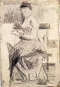 a drawing of a woman sitting on a bench