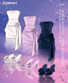 three different types of dresses and shoes are shown in this graphic style, with the caption's description below