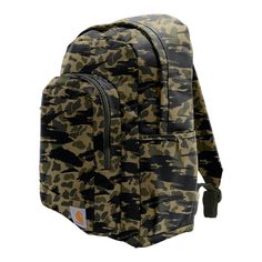 a backpack that is camouflaged with black and brown details on the front, it's zippered at the bottom