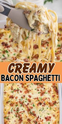 the cover of creamy bacon spaghetti is being lifted from a casserole dish with a spatula