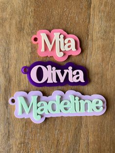 "Over 30 colors to choose from!! This listing is for a single bag tag/keychain. Perfect for backpacks, diaper bags and more!  Includes keychain cable. Keychain is cut from 1/8\" layers of acrylic and layered together. Font is retro style as shown in photos. Each keychain varies in length depending on name. Each is about 2-4\" long. See drop down menu for colors available for backing layer and name.  Please leave single name in personalization box." Custom Name Pink Keychains For School, Personalized Pink Keychains For Personal Use, White Custom Name Keychains For Personalized Gift, White Custom Name Keychain For Personalized Gift, Cute Customized Keychains For Personalized Gift, Customized Pink Keychains, Personalized White Keychain With Custom Name, Personalized White Custom Name Keychain, Playful Pink Keychains For School