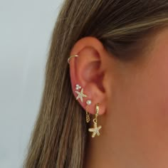 a close up of a person wearing ear piercings