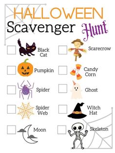 a halloween scavenger hunt with pumpkins, ghost and spider