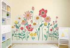 "Colorful Wild Flowers Wall Decal Floral Sticker For Room Decoration  Wildflowers decal will transform any space into a lush garden oasis. These Wildflower decals are the perfect addition to a modern space. Size: 50\" height x 74\" width Please note: each item comes in separate pieces, you can please where you like *Please leave your contact number during your order checkout for shipping purposes. [Additional Information] * Application tool and EASY Step-by-step detailed instructions included! * All of our decals can be custom sized larger or smaller and we can add additional colors. Contact us for pricing! * We can do custom design requests. If you have an idea for a custom design, contact us! * We use commercial-grade high-quality MATTE vinyl that looks like paint once applied to the wal Painted Wall Flowers, Wildflower Wall Mural Diy, Wild Flower Mural, Flower Mural Kids Room, Wildflower Wall Decals, Wild Flowers Painted On Wall, Toddler Bedroom Wall, Wildflower Mural, Flower Wall Painting