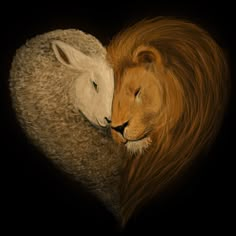 a lion and a lamb are in the shape of a heart on a black background