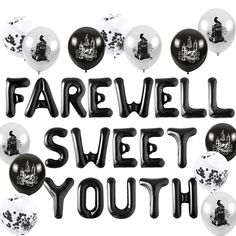 the words farewell sweet youth spelled out in black and white balloons with castle silhouettes