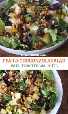 pear and gorgonzola salad with toasted walnuts in a white bowl