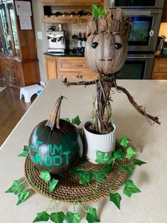 a table topped with two pumpkins sitting on top of a kitchen counter next to a potted plant