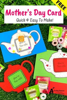 mother's day card with teapots and cards on the grass next to it