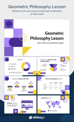 the geometric powerpoint presentation is shown in purple and yellow