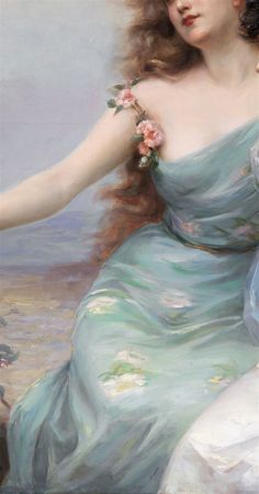 a painting of a woman in a blue dress with flowers on her arm and shoulder