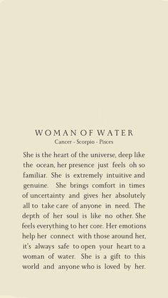 the text is written in black and white on an old book page that reads, woman of water