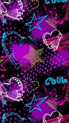 seamless grungy background with hearts and stars in purple, blue, pink and black colors