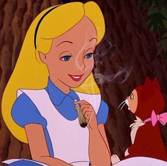 an animated image of alice and the cat with a pipe in their hand, sitting next to a tree