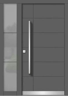 an open door with a handle on the side and glass doors to both sides, in front of a gray wall