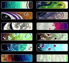 six different colored banners with abstract designs on them