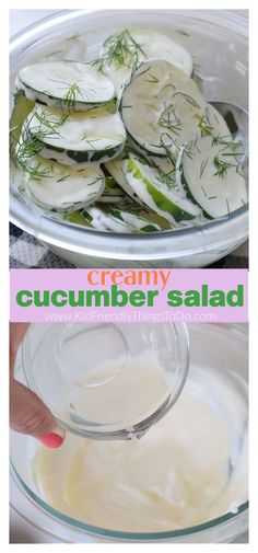 cucumber salad in a glass bowl with cream and dill on the side