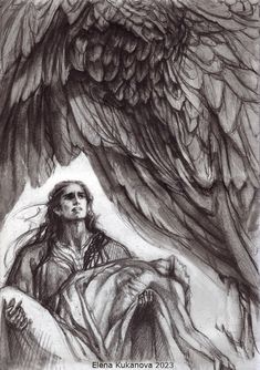 a black and white drawing of a woman in bed with an eagle above her head