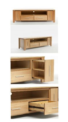 three different views of an entertainment center with drawers