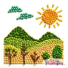 an image of a painting made out of beads and trees with the sun in the background