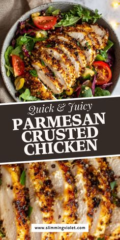 chicken and juicy parmesan crusted chicken on a bed of lettuce