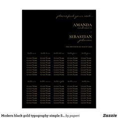 a black and gold wedding table plan is shown with the names of each couple's guests