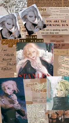 collage of anime characters with words written on them