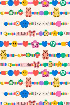 a colorful wallpaper with hearts, flowers and smiley faces on it's side