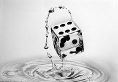 a drawing of a dice falling into water