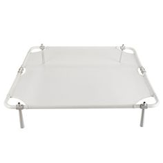 a white tray with metal legs and handles on it, sitting against a white background