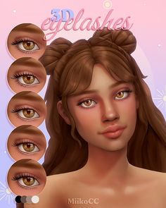 an animated image of a woman's face with eight different eyes and eyelashes on her head