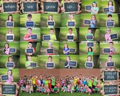 a collage of photos with children holding chalkboards