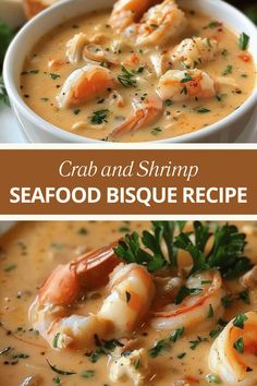 shrimp and shrimp seafood bisque recipe in a white bowl