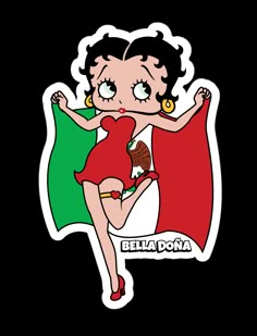 a sticker with a woman in a red dress holding a green flag and the words delta