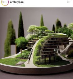 a model of a building with trees and stairs