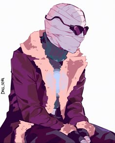 a drawing of a person sitting on the ground wearing sunglasses and a purple coat with a hood