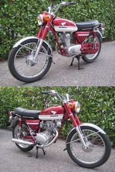 two pictures of a red motorcycle parked next to each other on the street with bushes in the background