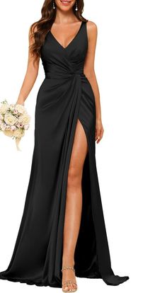 Fabric: Satin Silhouette: A Line/Princess Neckline: V Neck Hemline/Train: Floor-Length Sleeve: Sleeveless Shown Color: As Pic Black Tie Attire For Women, Cruise Dresses, Dresses With Split, Jasmine Wedding, Jersey Prom Dress, Black Tie Dresses, Tie Dresses, Black Tie Attire, Groomsmen Outfits