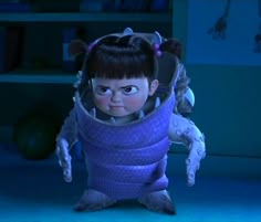 an animated character in a purple space suit with her hands on her hips and eyes wide open