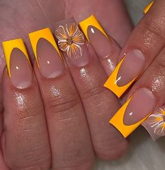 Yellow Frenchies Nails, Yellow Nail Inspo Acrylic, Yellow Tips Nails, Dollar Tree Nails, Orange Yellow Nails, Do Nails At Home, Dollar Nails, Mustard Yellow Nails, Bright Yellow Nails