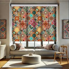 a living room scene with focus on the colorful window coverings and artwork behind it