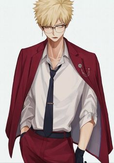 an anime character with blonde hair and glasses wearing a red jacket, white shirt and black tie