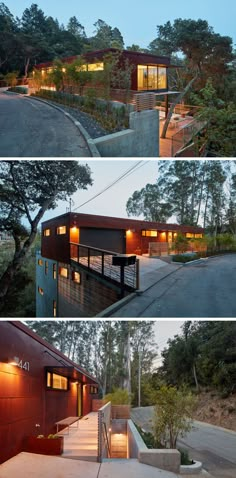 three different views of the house at night and day