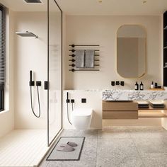 a modern bathroom with black and white decor