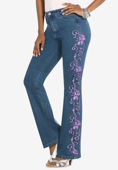 Your favorite bootcut jeans, detailed with pretty, scrolling embroidery down the sides. Made in the five-pocket style and so easy to wear anywhere and Light Blue Jeans, Swimsuits For All, Current Fashion Trends, Embroidered Jeans, Plus Size Jeans, Bootcut Jeans, Size Clothing, Plus Size Outfits, Blue Jeans