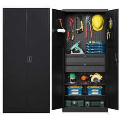 a black storage cabinet with tools in it