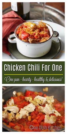 chicken chili for one is shown in three different pictures