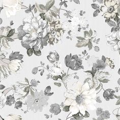 a floral wallpaper with white and grey flowers