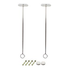 two metal handles and four screws on a white background